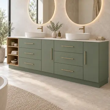 Urelvissa Membran Çift Lavabolu, Altı Çekmeceli ve Açık Havlu Gözlü Banyo Dolabı 260 cm