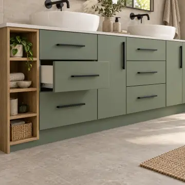 Urelvissa Membran Çift Lavabolu, Altı Çekmeceli ve Açık Havlu Gözlü Banyo Dolabı 260 cm