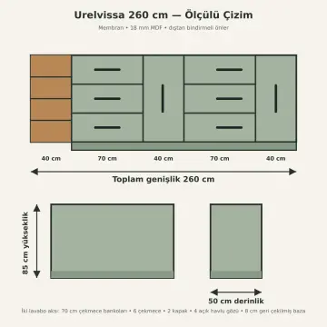 Urelvissa Membran Çift Lavabolu, Altı Çekmeceli ve Açık Havlu Gözlü Banyo Dolabı 260 cm