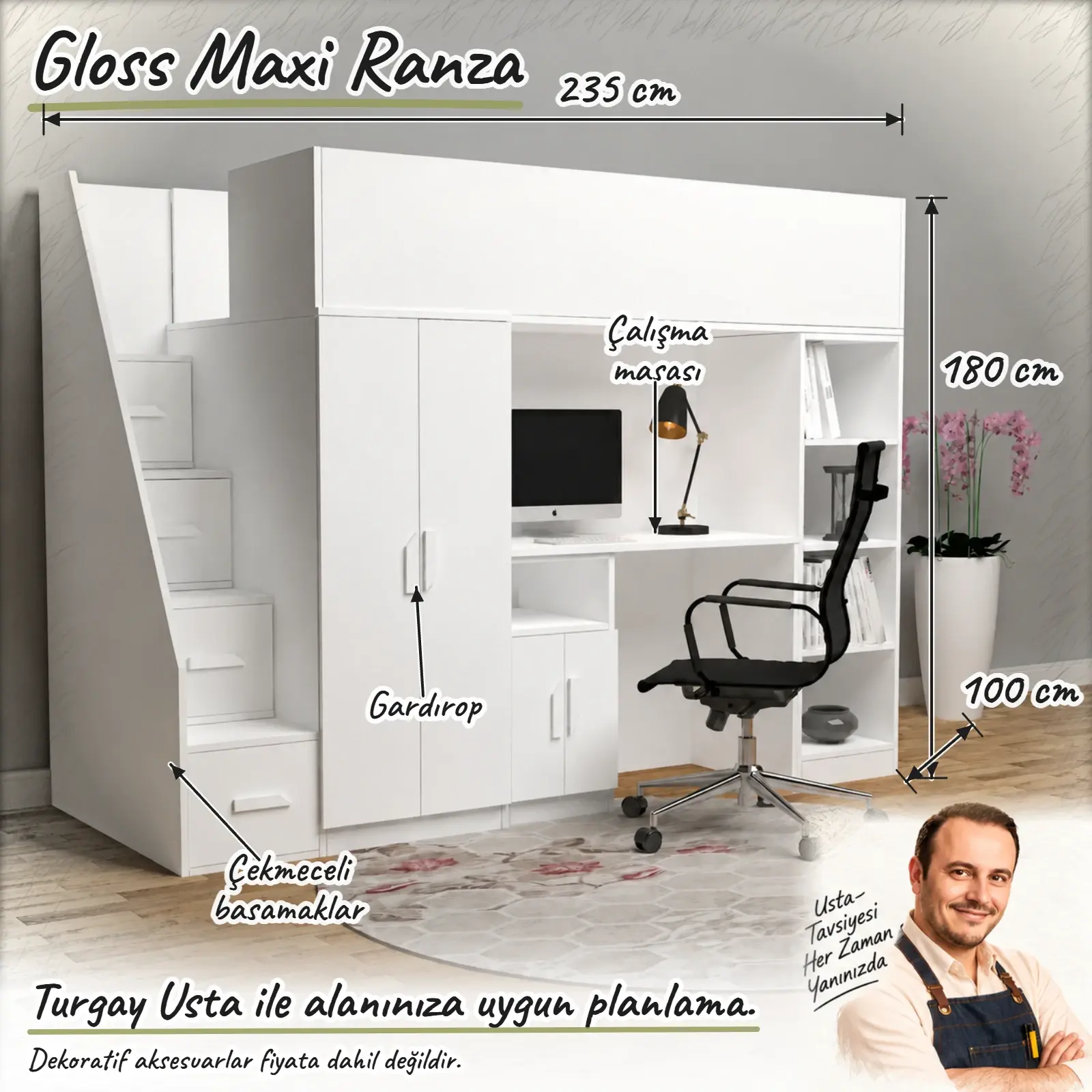 Gloss Maxi Ranza ölçülü Turgay Usta eskizi 235x100x180 cm