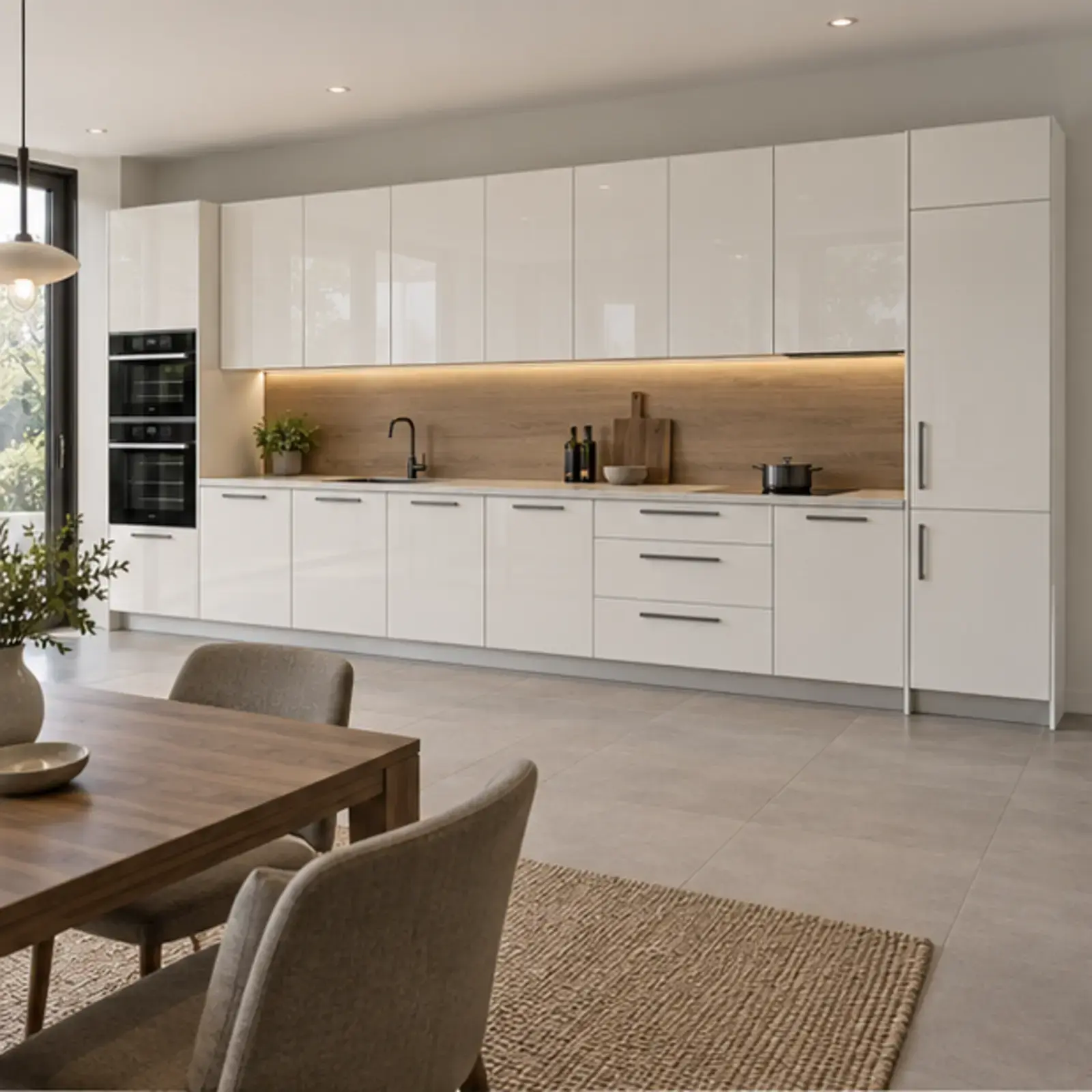 Mervalya İnci Beyaz High Gloss Çekilir Tel Soğutma Raflı Düz Mutfak Dolabı