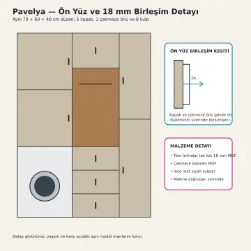 Pavelya Düz MDF Çamaşır Makinesi, Askı Nişi ve Ütü Dolabı 170 cm