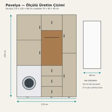 Pavelya Düz MDF Çamaşır Makinesi, Askı Nişi ve Ütü Dolabı 170 cm
