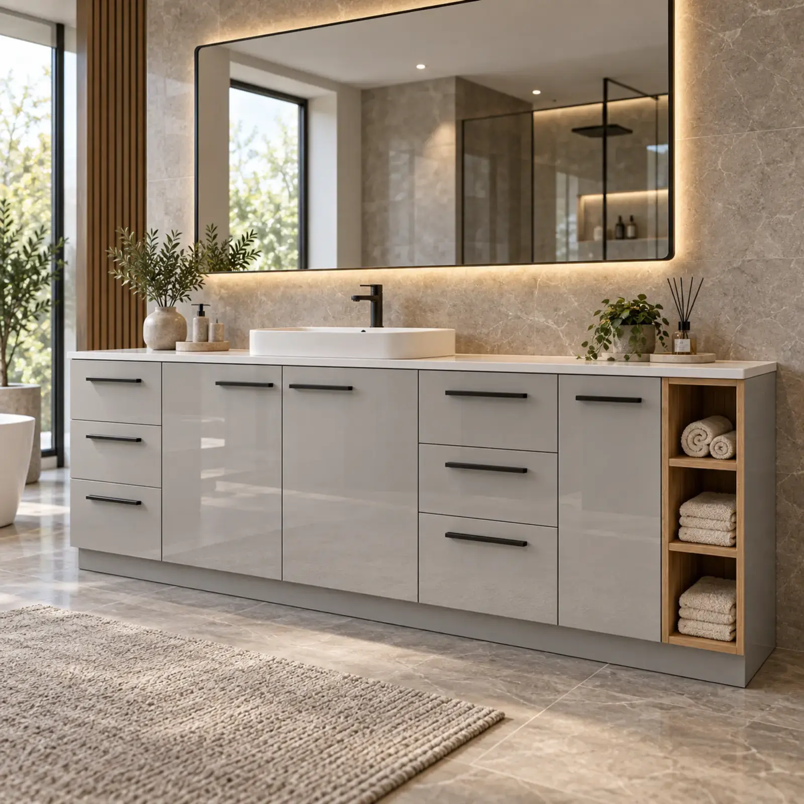 Virelvanya High Gloss Tek Lavabolu, Altı Çekmeceli ve Üç Açık Havlu Gözlü Banyo Dolabı 260 cm