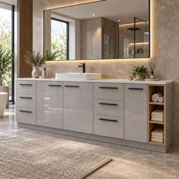 Virelvanya High Gloss Tek Lavabolu, Altı Çekmeceli ve Üç Açık Havlu Gözlü Banyo Dolabı 260 cm