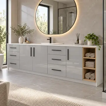 Virelvanya High Gloss Tek Lavabolu, Altı Çekmeceli ve Üç Açık Havlu Gözlü Banyo Dolabı 260 cm