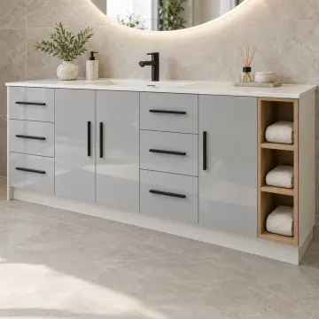 Virelvanya High Gloss Tek Lavabolu, Altı Çekmeceli ve Üç Açık Havlu Gözlü Banyo Dolabı 260 cm