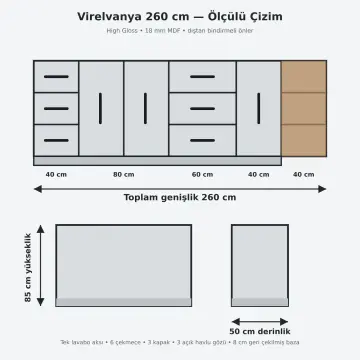 Virelvanya High Gloss Tek Lavabolu, Altı Çekmeceli ve Üç Açık Havlu Gözlü Banyo Dolabı 260 cm