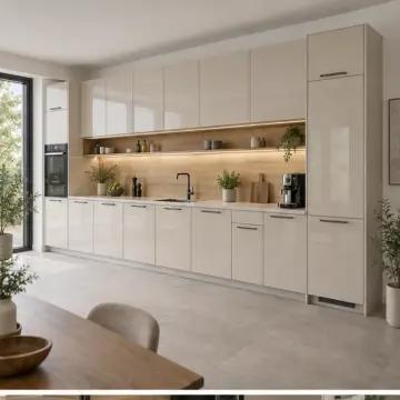 Varyena İnci Kum High Gloss Çekilir Kahve Kapsülü Kasetli Düz Mutfak Dolabı