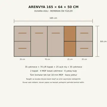 Arenvya Membran Çift Çekmeceli Asma Nişli Banyo Dolabı 165 cm