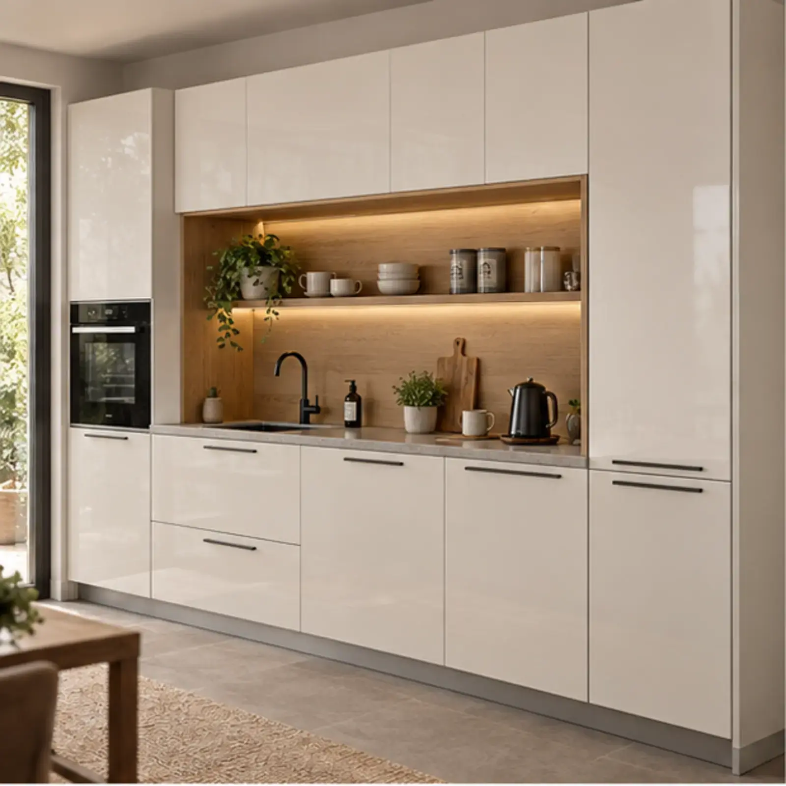 Belyora İnci Beyaz High Gloss Çekilir Çay Poşeti Kasetli Düz Mutfak Dolabı