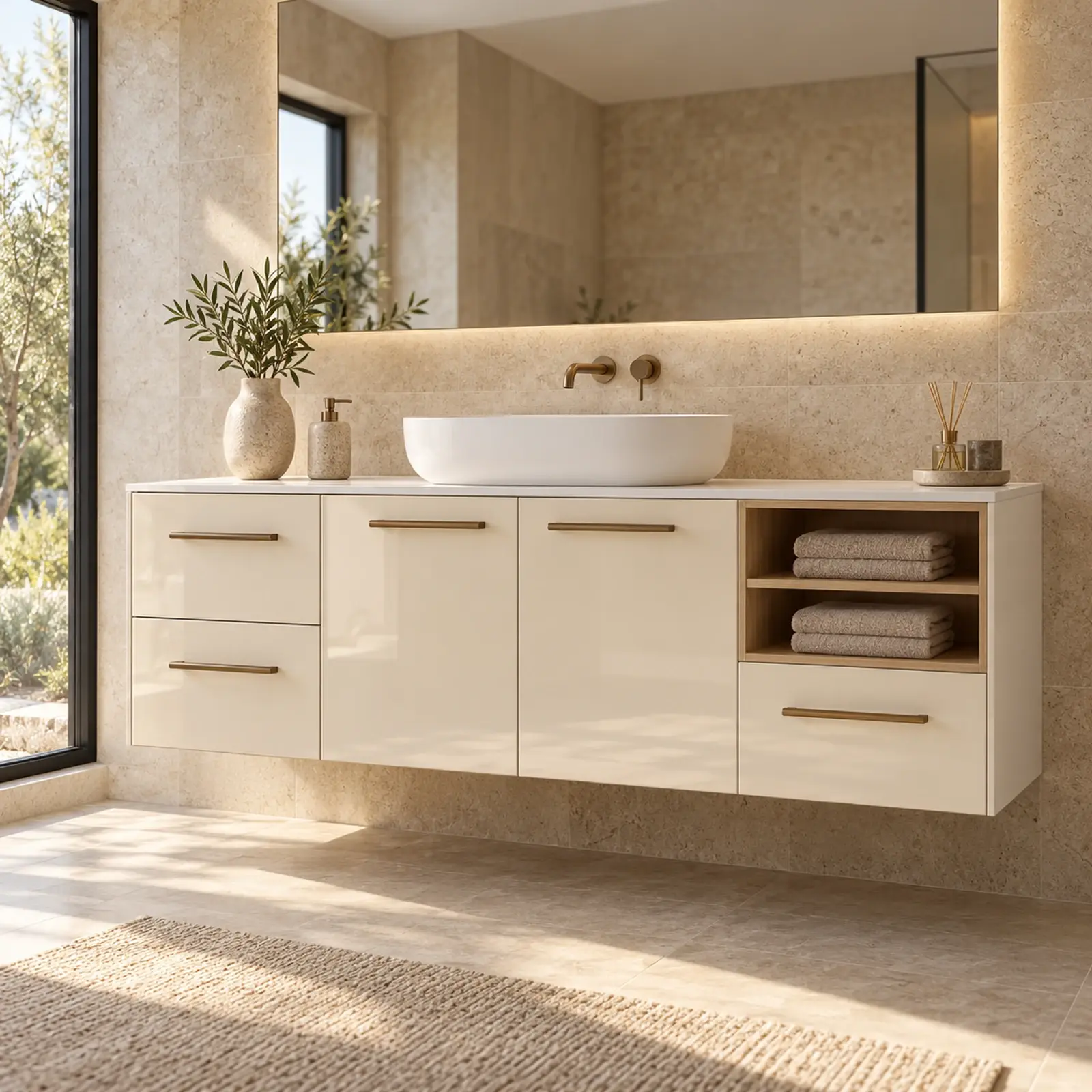 Karevya High Gloss Yan Havlu Nişli Çift Çekmeceli Banyo Dolabı 155 cm