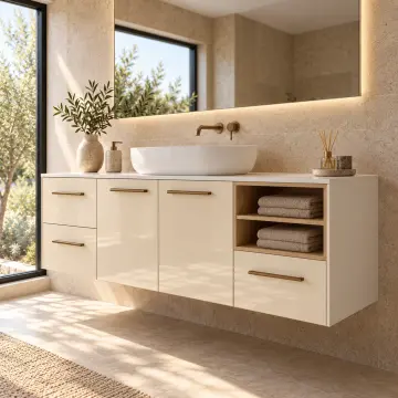 Karevya High Gloss Yan Havlu Nişli Çift Çekmeceli Banyo Dolabı 155 cm