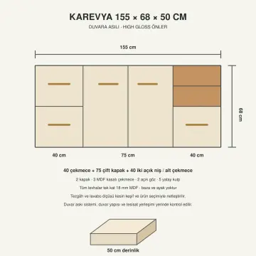 Karevya High Gloss Yan Havlu Nişli Çift Çekmeceli Banyo Dolabı 155 cm