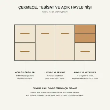 Karevya High Gloss Yan Havlu Nişli Çift Çekmeceli Banyo Dolabı 155 cm