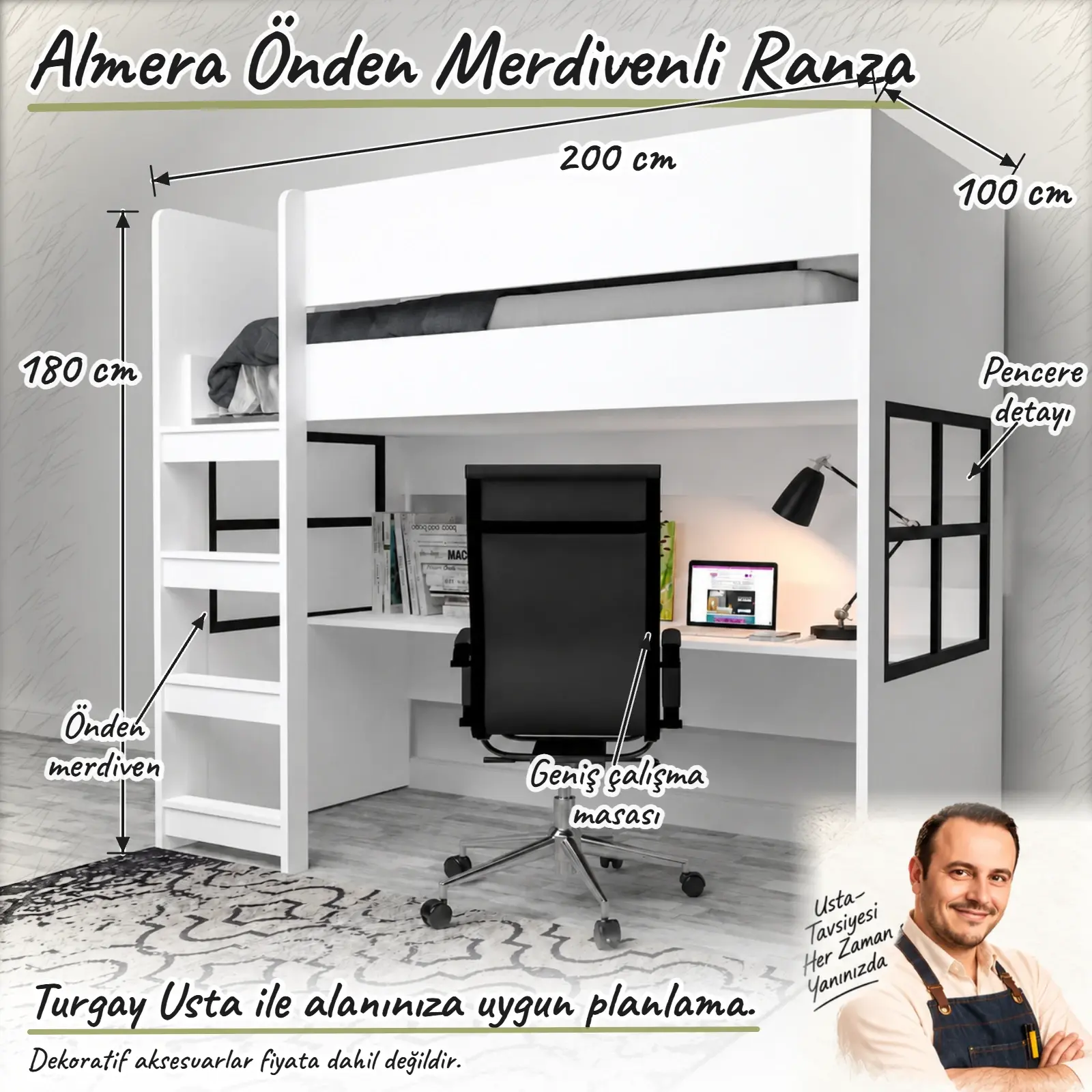 Almera Önden Merdivenli Ranza ölçülü Turgay Usta eskizi 200x100x180 cm