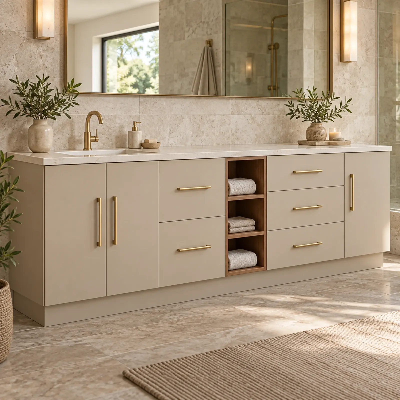 Wirelvessa Lake Tek Lavabolu, Beş Çekmeceli ve Üç Açık Havlu Gözlü Banyo Dolabı 250 cm