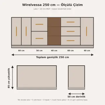 Wirelvessa Lake Tek Lavabolu, Beş Çekmeceli ve Üç Açık Havlu Gözlü Banyo Dolabı 250 cm