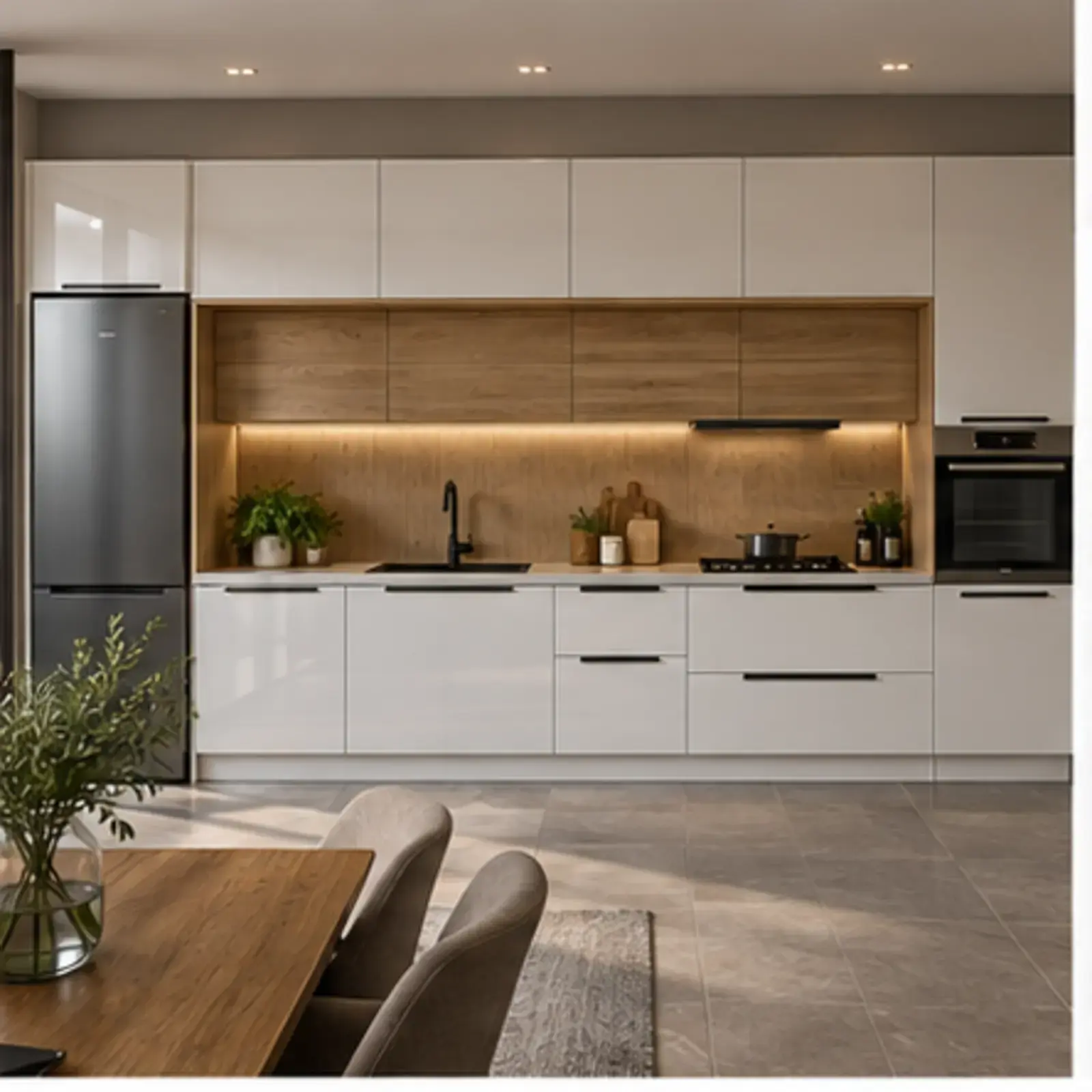 Fervalya Sis Beyazı High Gloss Çekilir Çift Folyo Rulosu Kasetli Düz Mutfak Dolabı