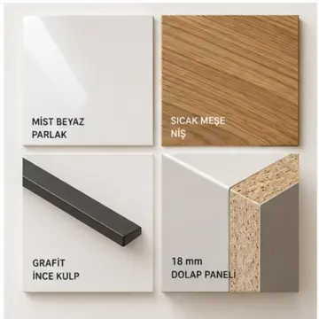 Fervalya Sis Beyazı High Gloss Çekilir Çift Folyo Rulosu Kasetli Düz Mutfak Dolabı