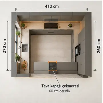 Hervina RAL 7039 Lake Dikey Tava Kapağı Bölücülü U Mutfak Dolabı