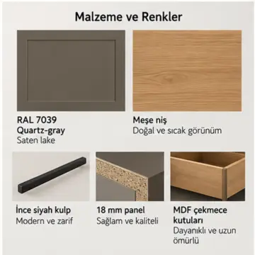 Hervina RAL 7039 Lake Dikey Tava Kapağı Bölücülü U Mutfak Dolabı