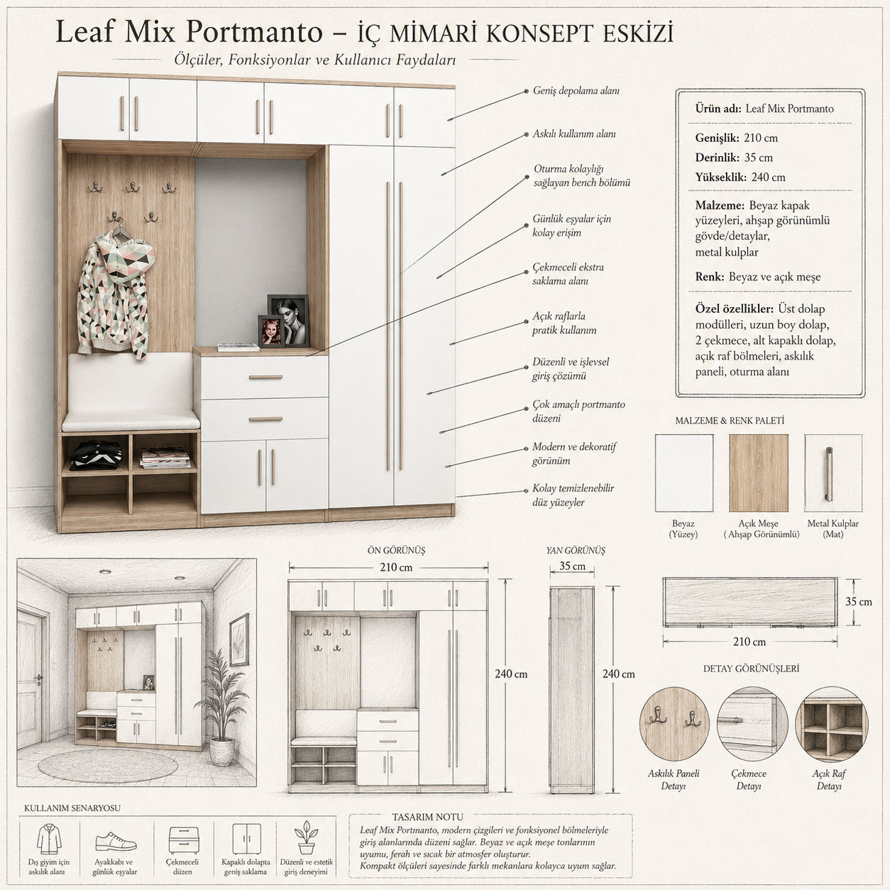 Leaf Mix Portmanto Turgay Usta ölçülü eskiz Ölçüler dış gövde ölçüleridir. Görseldeki dekoratif ürünler fiyata dahil değildir.