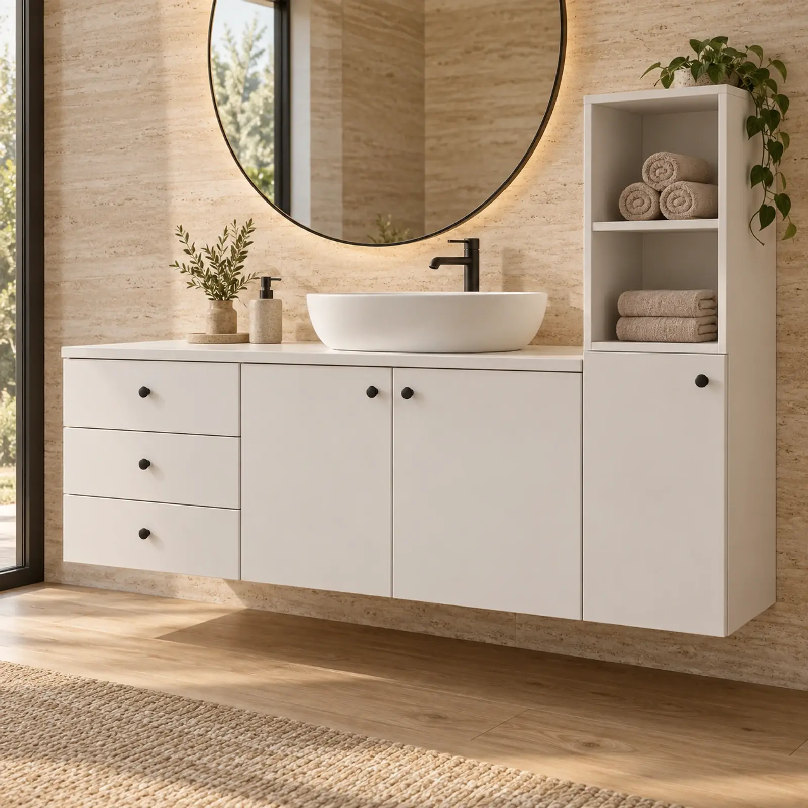 Orvessa Düz MDF Üst Raflı Yan Kolon Banyo Dolabı 175 cm