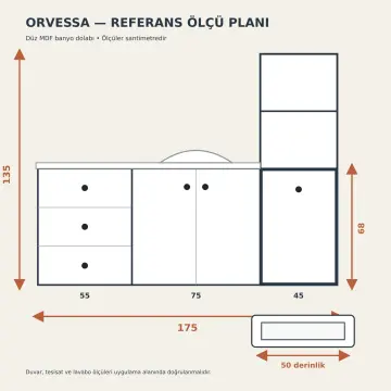 Orvessa Düz MDF Üst Raflı Yan Kolon Banyo Dolabı 175 cm