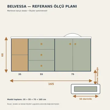 Belvessa Membran Yan Açık Raflı Üç Çekmeceli Banyo Dolabı 165 cm