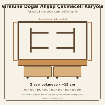 Virelune Doğal Ahşap Çekmeceli Karyola