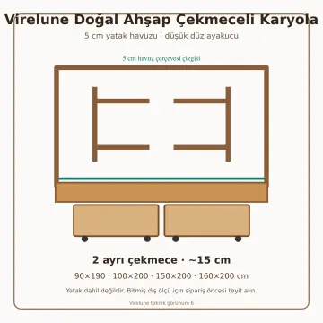 Virelune Doğal Ahşap Çekmeceli Karyola