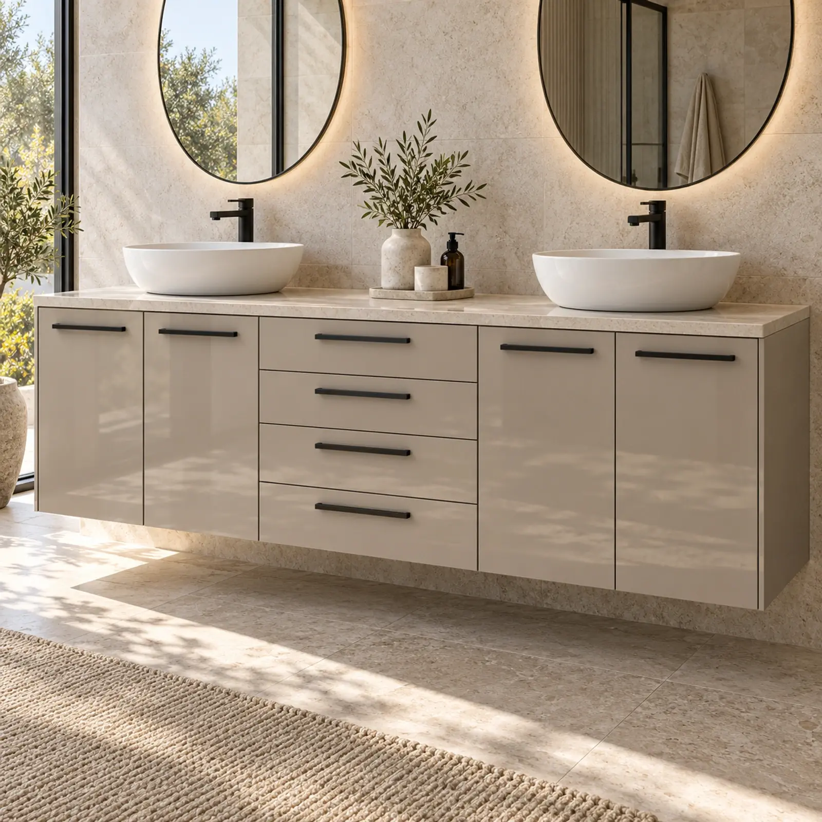 Narelya High Gloss Çift Lavabo Düzenli Merkez Dört Çekmeceli Banyo Dolabı 200 cm