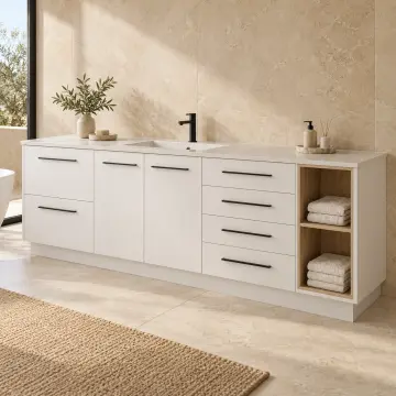 Xirelvina Düz MDF Tek Lavabolu, Altı Çekmeceli ve İki Açık Havlu Gözlü Banyo Dolabı 230 cm