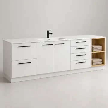 Xirelvina Düz MDF Tek Lavabolu, Altı Çekmeceli ve İki Açık Havlu Gözlü Banyo Dolabı 230 cm