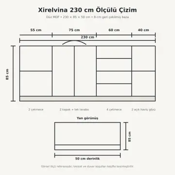 Xirelvina Düz MDF Tek Lavabolu, Altı Çekmeceli ve İki Açık Havlu Gözlü Banyo Dolabı 230 cm