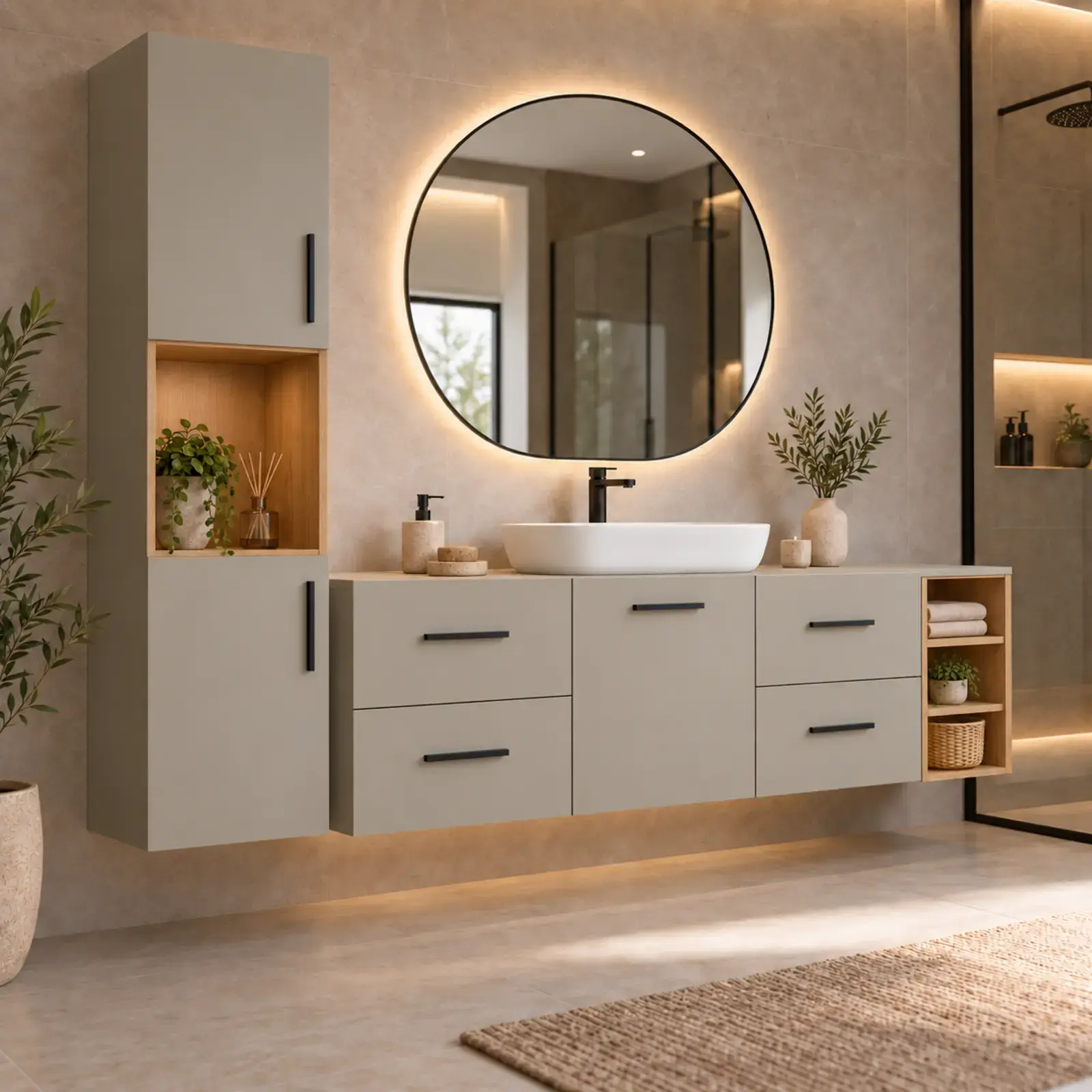 Zarelya Lake Yan Boy Dolaplı Açık Havlu Raflı Dört Çekmeceli Banyo Dolabı 190 cm
