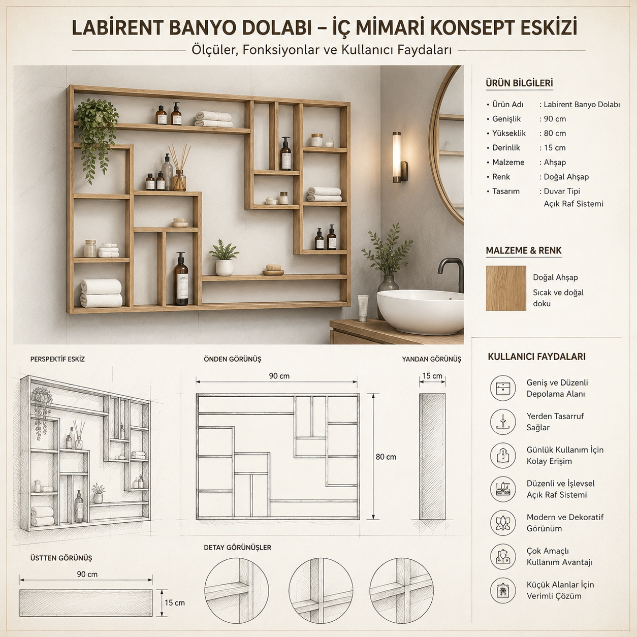 Labirent Banyo Dolabı Turgay Usta ölçülü eskiz Ölçüler dış gövde ölçüleridir. Görseldeki dekoratif ürünler fiyata dahil değildir.