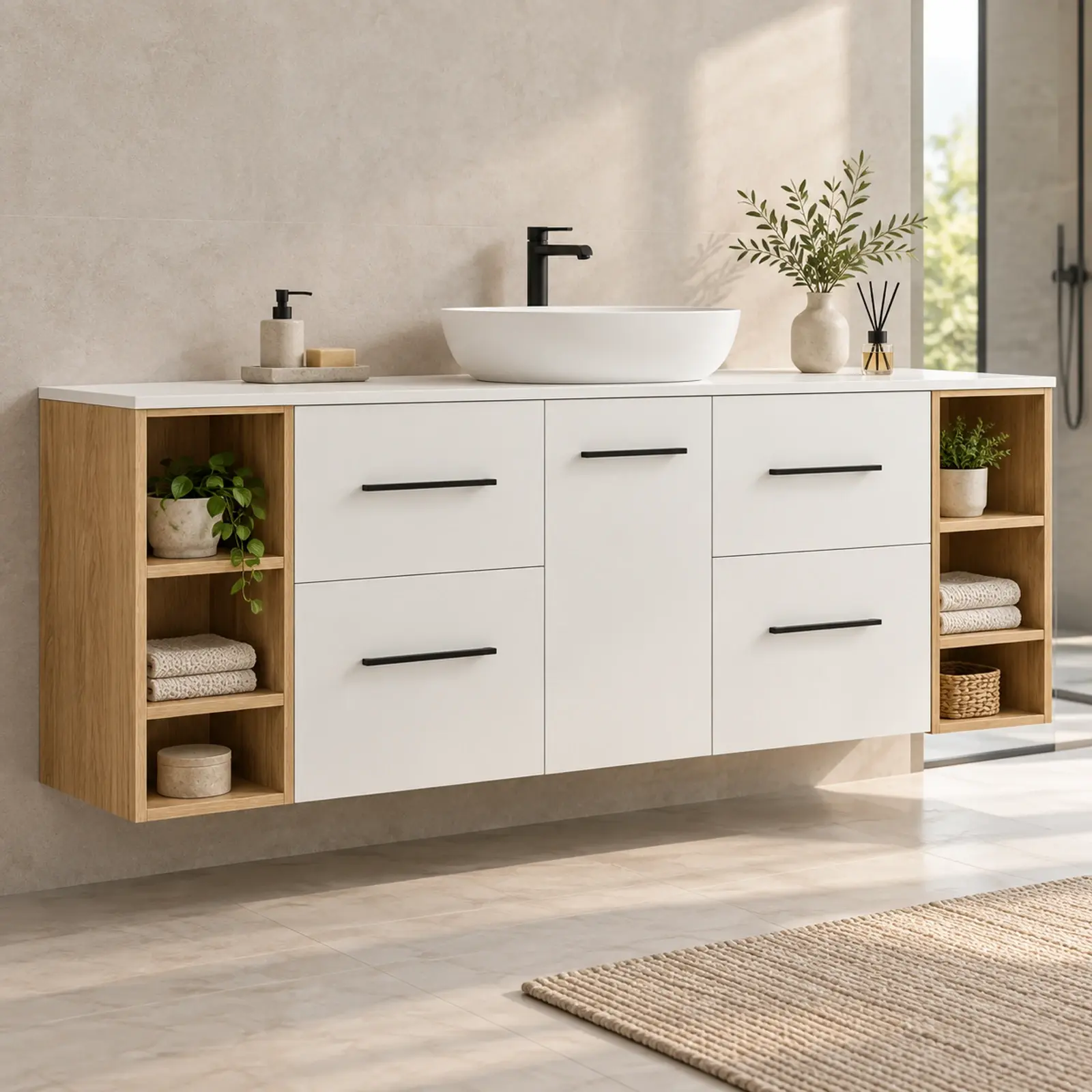 Marevya Düz MDF Çift Yan Havlu Raflı Dört Çekmeceli Banyo Dolabı 180 cm