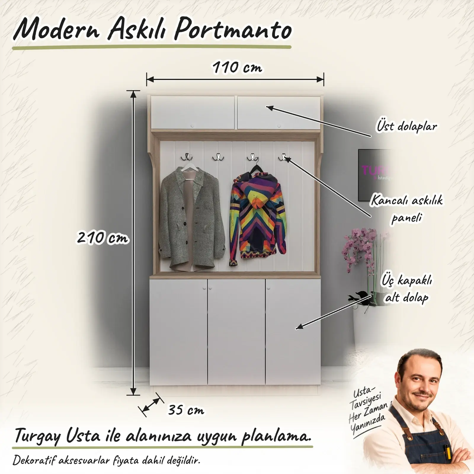 Modern Askılı Portmanto ölçülü Turgay Usta eskizi