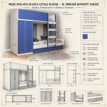 Meşe Dolaplı Ranza Çıtalı Kapak