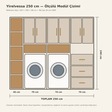 Yirelvessa Membran Yan Yana İki Makineli, Beş Açık Gözlü ve Üç Çekmeceli Depolama Dolabı 250 cm