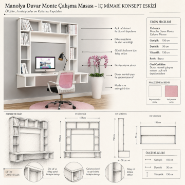 Manolya Duvar Monte Çalışma Masası