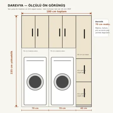 Darevya High Gloss Yan Yana Makine ve Kirli Sepet Kulesi 180 cm