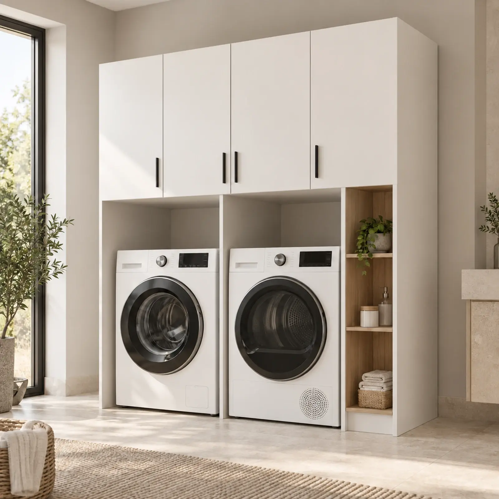 Mirelva Düz MDF Yan Yana Makine, Üst Köprü ve Deterjan Nişli Dolap 160 cm