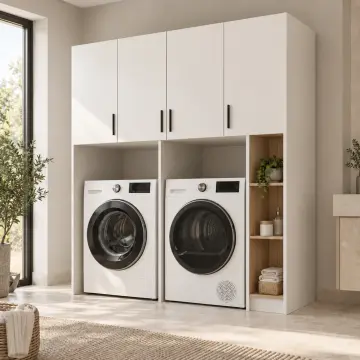 Mirelva Düz MDF Yan Yana Makine, Üst Köprü ve Deterjan Nişli Dolap 160 cm