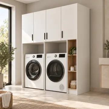 Mirelva Düz MDF Yan Yana Makine, Üst Köprü ve Deterjan Nişli Dolap 160 cm