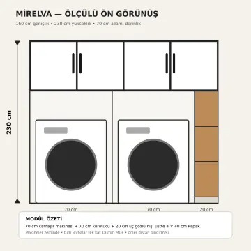 Mirelva Düz MDF Yan Yana Makine, Üst Köprü ve Deterjan Nişli Dolap 160 cm
