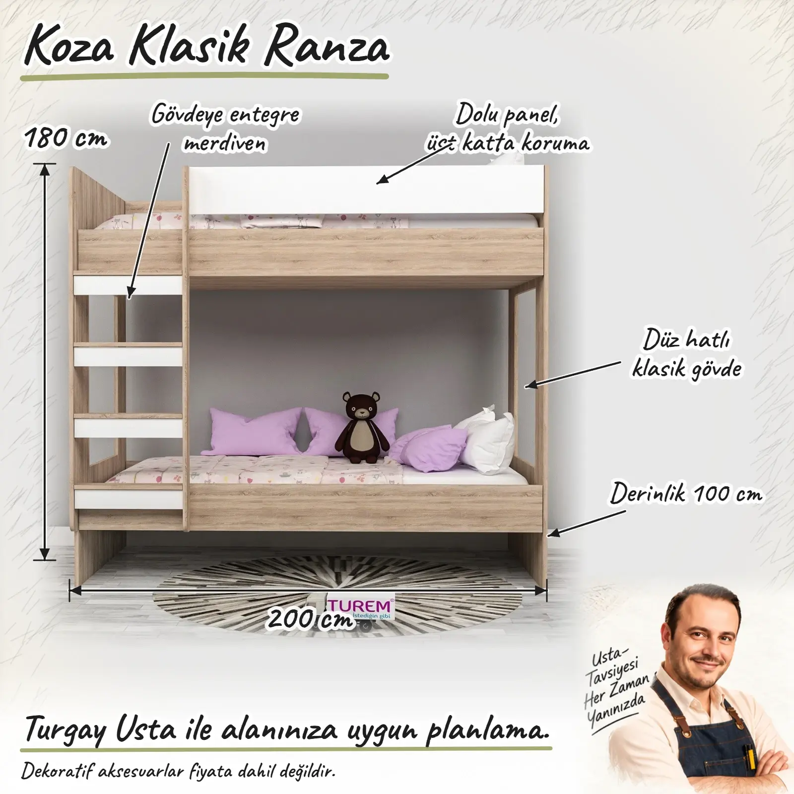 Koza Klasik Ranza ölçülü Turgay Usta eskizi 200x100x180 cm