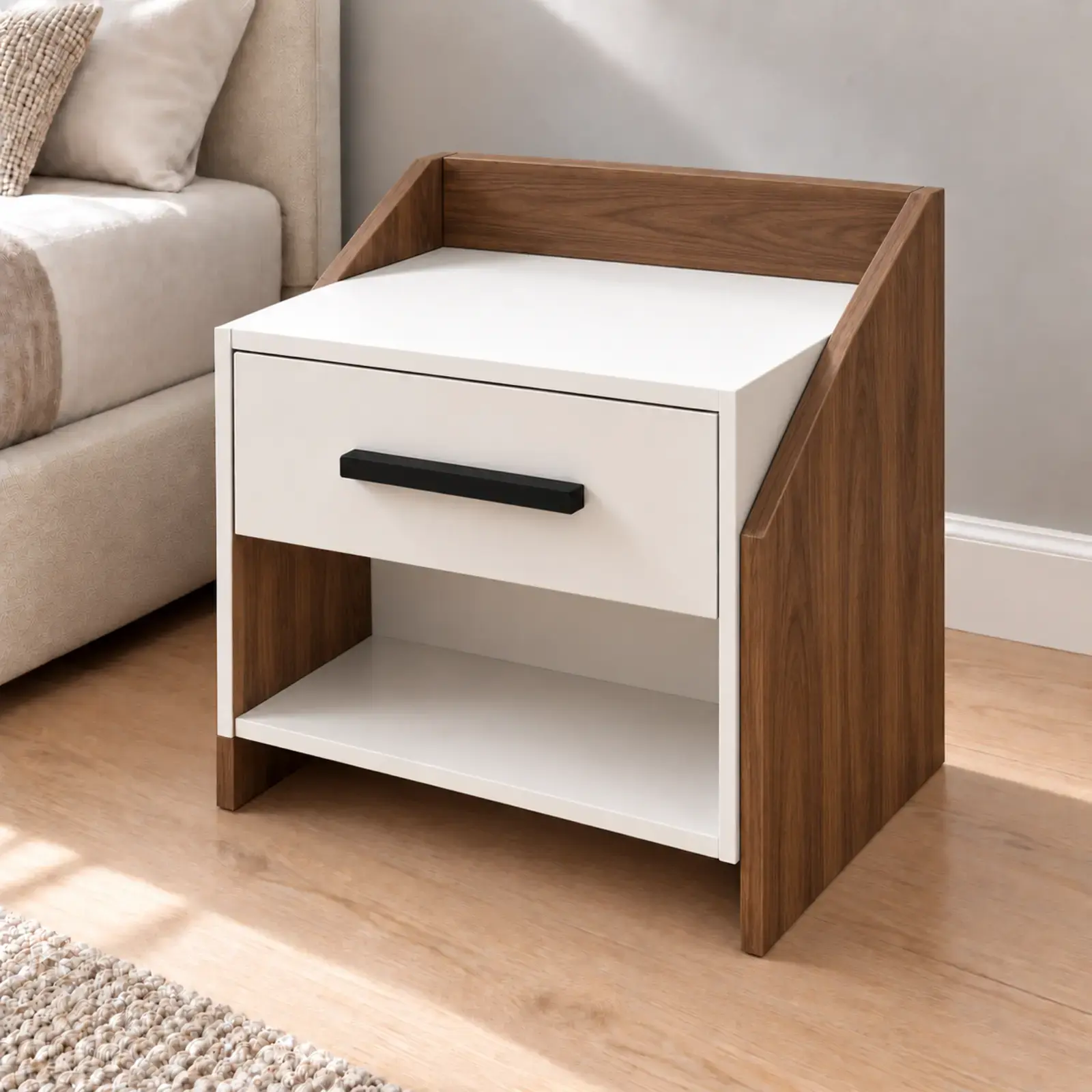Yamaç 45 Tek Çekmeceli Raflı Komodin Mdf - Ceviz Beyaz